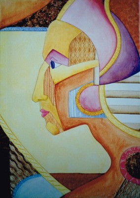 Acrylbild eine kahlen Frauenkopfes  mit geometrischem Schmuck